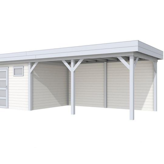 Vuren Topvision Kievit, 400 x 300 en luifel 500 cm, wanden wit en basis lichtgrijs.