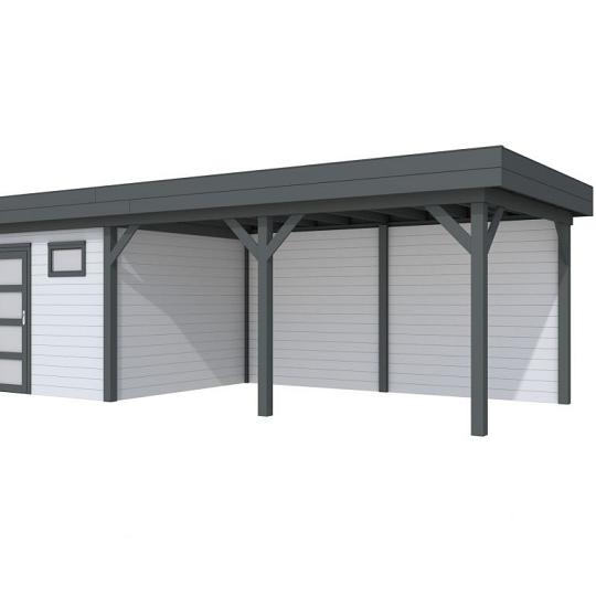 Vuren Topvision Kievit, 400 x 300 en luifel 500 cm, wanden lichtgrijs en basis antraciet.