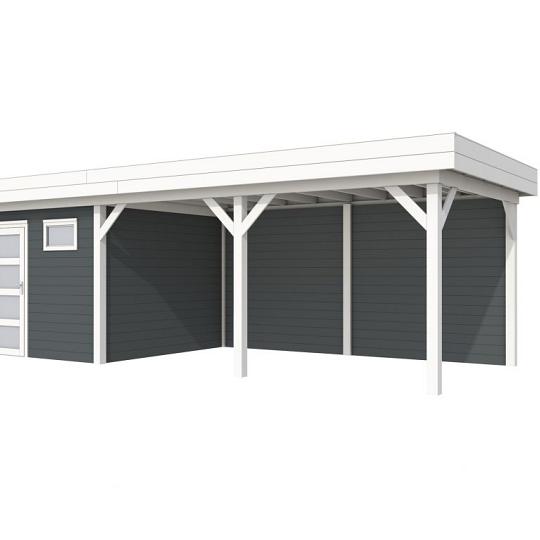 Vuren Topvision Kievit, 400 x 300 en luifel 500 cm, wanden antraciet en basis wit.