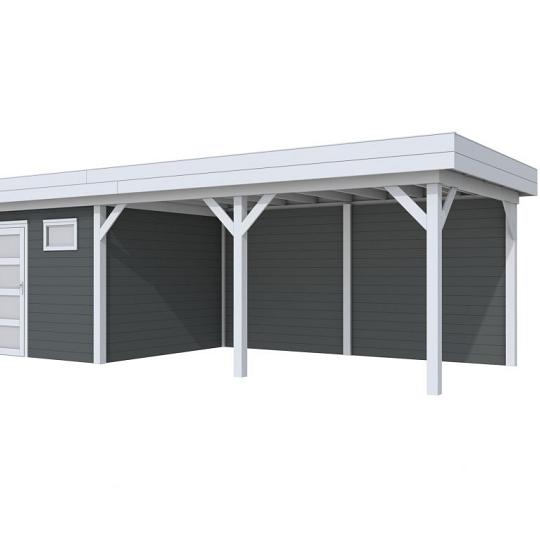 Vuren Topvision Kievit, 400 x 300 en luifel 500 cm, wanden antraciet en basis lichtgrijs.