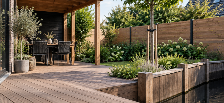 Tuin met houten vlonder, beschoeiing en overkapping