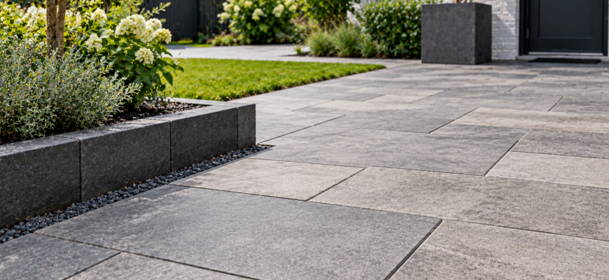 Moderne bestrating met groene beplanting