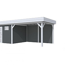 Vuren Topvision Tapuit, 300 x 300 en luifel 400 cm, wanden antraciet en basis lichtgrijs.