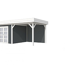 Vuren Topvision Bosuil, 300 x 300 en luifel 300 cm, wanden antraciet en basis wit.