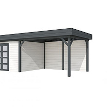Vuren Topvision Parelhoen, 400 x 300 en luifel 400 cm, wanden wit en basis antraciet.