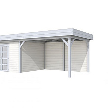 Vuren Topvision Parelhoen, 400 x 300 en luifel 400 cm, wanden wit en basis lichtgrijs.