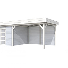 Vuren Topvision Parelhoen, 400 x 300 en luifel 400 cm, wanden lichtgrijs en basis wit.