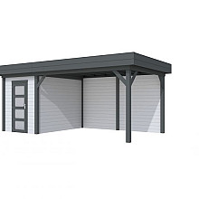 Vuren Topvision Kiekendief, 200 x 300 en luifel 400 cm, wanden lichtgrijs en basis antraciet.