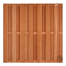 Elephant schutting Kempas FSC hardhout – 4,5 x 180 x 180 cm – 14 planks – 15 mm – V-groeven – RVS