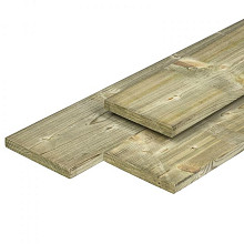Grenen plank 1,5 x 14,0 x 300 cm, vers, groen geïmpregneerd, geschaafd, 4 ronde hoeken, Neutraal