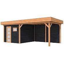 Douglas Topvision Roek, 298 x 298 en luifel 400 cm, wanden zwart geïmpregneerd en basis transparant 