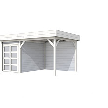 Vuren Topvision Zwaluw, 200 x 300 en luifel 300 cm, wanden lichtgrijs en basis wit.