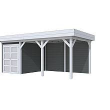 Vuren Topvision Zwaluw, 200 x 300 en luifel 400 cm, wanden antraciet en basis lichtgrijs.