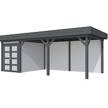 Vuren Topvision Zwaluw, 200 x 300 en luifel 500 cm, wanden lichtgrijs en basis antraciet.