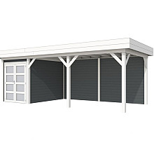 Vuren Topvision Zwaluw, 200 x 300 en luifel 500 cm, wanden antraciet en basis wit.