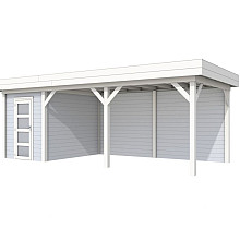 Vuren Topvision Kiekendief, 200 x 300 en luifel 500 cm, wanden lichtgrijs en basis wit.