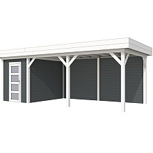 Vuren Topvision Kiekendief, 200 x 300 en luifel 500 cm, wanden antraciet en basis wit.