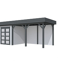 Vuren Topvision Kolibri, 250 x 250 en luifel 400 cm, wanden lichtgrijs en basis antraciet.