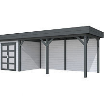 Vuren Topvision Kolibri, 250 x 250 en luifel 500 cm, wanden lichtgrijs en basis antraciet.