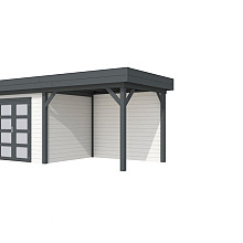 Vuren Topvision Bonte Specht, 300 x 250 en luifel 300 cm, wanden wit en basis antraciet.