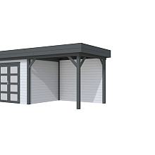 Vuren Topvision Bonte Specht, 300 x 250 en luifel 300 cm, wanden lichtgrijs en basis antraciet.