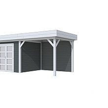 Vuren Topvision Bonte Specht, 300 x 250 en luifel 300 cm, wanden antraciet en basis lichtgrijs.