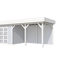 Vuren Topvision Bonte Specht, 300 x 250 en luifel 400 cm, wanden lichtgrijs en basis wit.