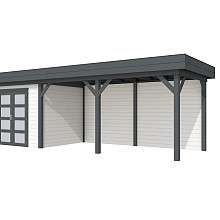 Vuren Topvision Bonte Specht, 300 x 250 en luifel 500 cm, wanden wit en basis antraciet.