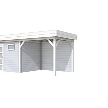 Vuren Topvision Bonte Kraai, 300 x 250 en luifel 300 cm, wanden lichtgrijs en basis wit.