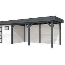 Vuren Topvision Bonte Kraai, 300 x 250 en luifel 500 cm, wanden wit en basis antraciet.