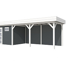 Vuren Topvision Bonte Kraai, 300 x 250 en luifel 500 cm, wanden antraciet en basis wit.