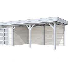 Vuren Topvision Bosuil, 300 x 300 en luifel 500 cm, wanden wit en basis lichtgrijs.