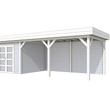 Vuren Topvision Bosuil, 300 x 300 en luifel 500 cm, wanden lichtgrijs en basis wit.