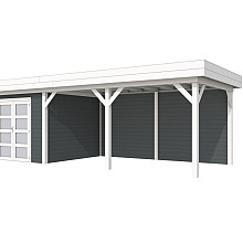 Vuren Topvision Bosuil, 300 x 300 en luifel 500 cm, wanden antraciet en basis wit.