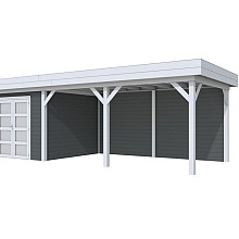 Vuren Topvision Bosuil, 300 x 300 en luifel 500 cm, wanden antraciet en basis lichtgrijs.