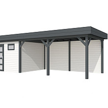 Vuren Topvision Tapuit, 300 x 300 en luifel 500 cm, wanden wit en basis antraciet.