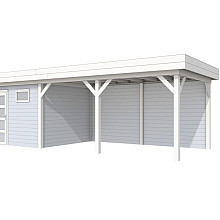 Vuren Topvision Tapuit, 300 x 300 en luifel 500 cm, wanden lichtgrijs en basis wit.