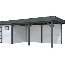 Vuren Topvision Tapuit, 300 x 300 en luifel 500 cm, wanden lichtgrijs en basis antraciet.