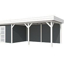 Vuren Topvision Parelhoen, 400 x 300 en luifel 500 cm, wanden antraciet en basis wit.