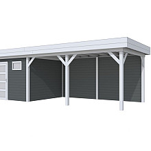 Vuren Topvision Kievit, 400 x 300 en luifel 500 cm, wanden antraciet en basis lichtgrijs.